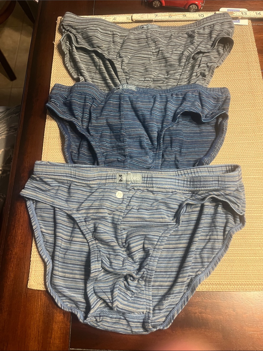 #.78. 3 knit lord no fly pouch Men’s Striped bikini Briefs - Blue & Gray m